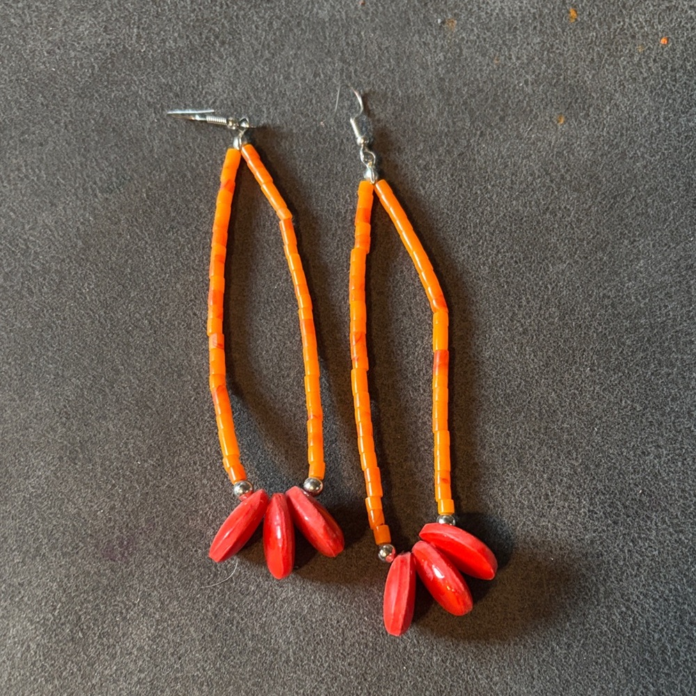 Handmade Orange and Red Beaded Drop Earrings